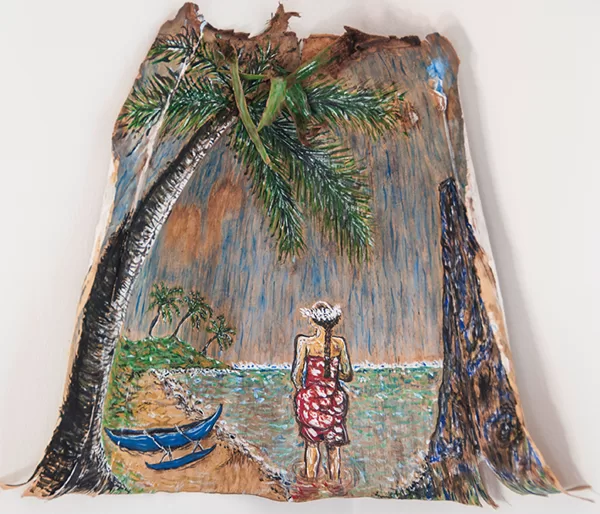 au bord du lagon à Tahiti (acrylic sur feuille de palmier)