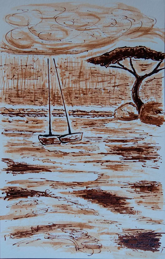 Voiliers amoureux (encre sépia sur carton)