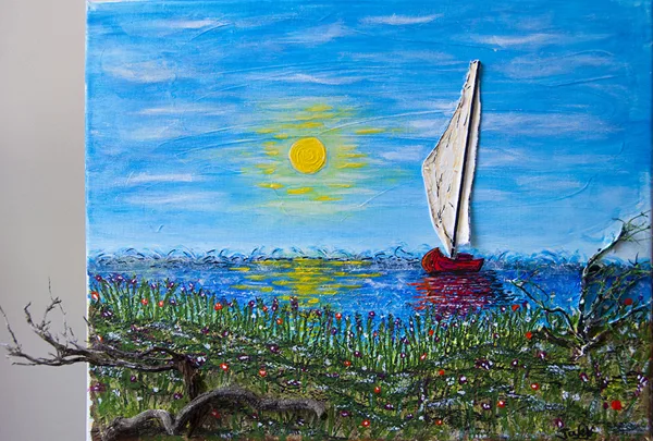 voilier au large d'un champ fleuri (acrylic en relief)