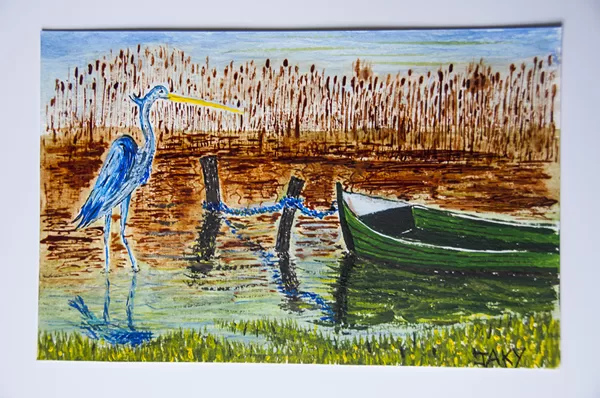 le héron et la barque dans les joncs (encres sur carton)