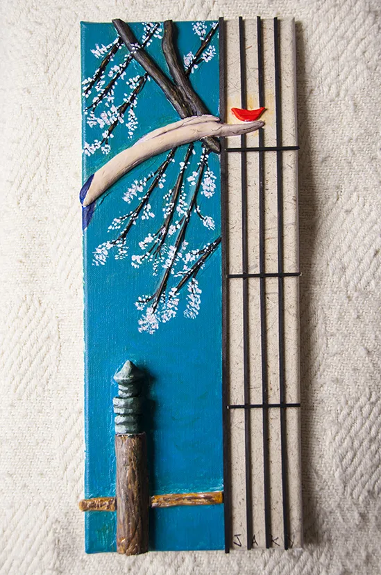 bas relief d'inspiration japonaise, peint à l'acrylic