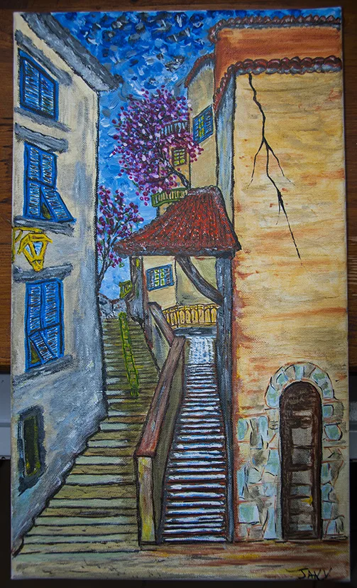 l'escalier-ruisseau de Puget-Théniers (acrylic sur toile)