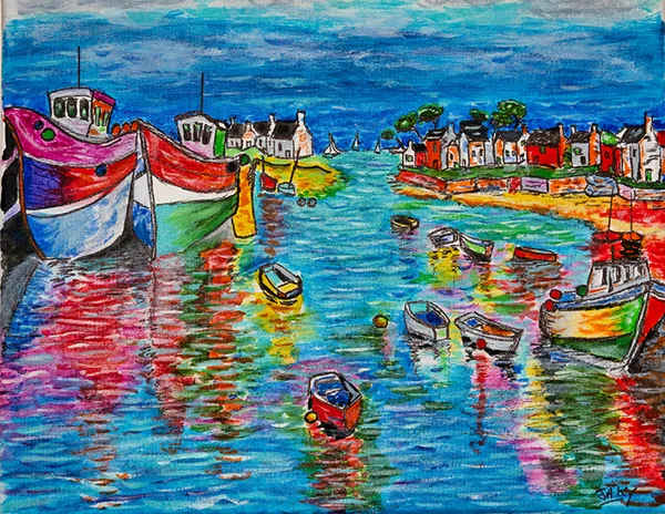 Chalutiers au repos dans un port breton (acrylic sur toile)